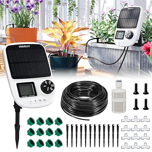 HIRALIY Solar Automatic Drip Irrigation System, Solar Powered Watering Device with Timer for Pots Plants, Pressure Balanced Drippers, with USB Port, for Indoor Irrigation Kit, Includes Battery