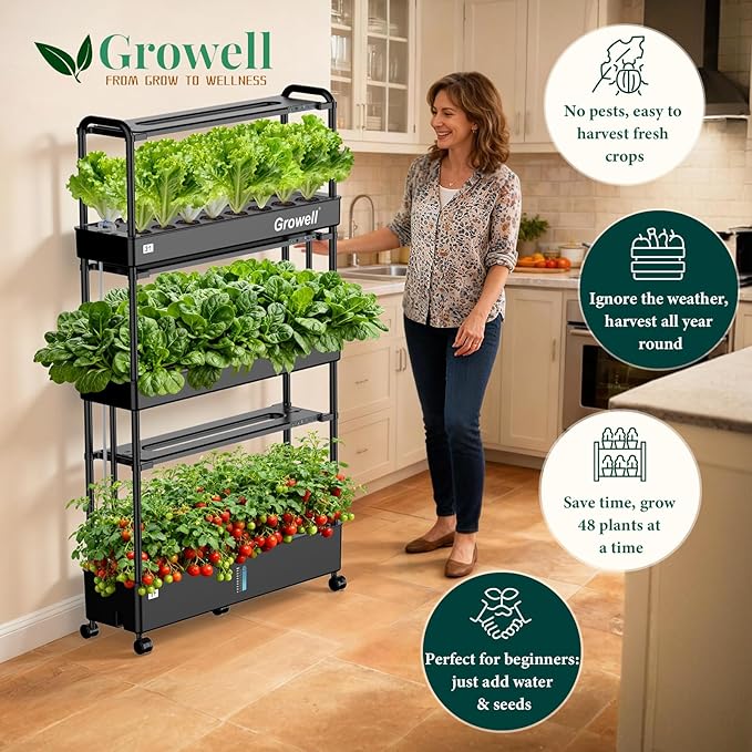 Growell Large Basket Hydroponics Growing System Kit, 48 Pods Vertical Hydroponic Garden with 2 Grow Light Modes, Auto Circulating Water System, 40L Indoor Gardening System for Herb Vegetable Fruit