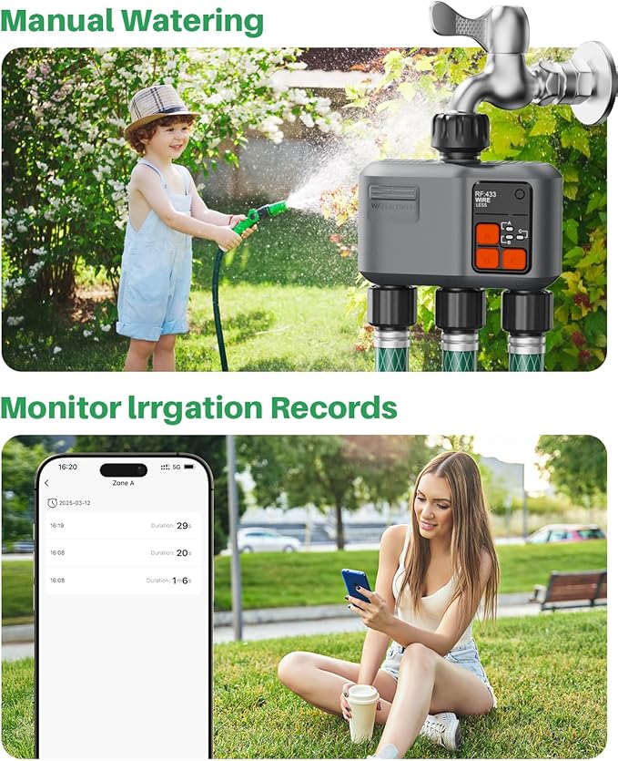 WiFi Sprinkler Timer 3 Zone with 984 FT Range, 3 Outlet Smart Water Timer for Garden Hose with Strong Wall Penetration/Rain Delay/Alexa & Google Voice/App Control, Water Hose Timers for Garden & Lawn