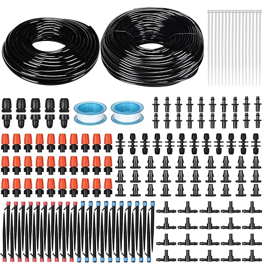 Yaomiao 394 ft Drip Irrigation System Kit, 1/2 Inch Hose 1/4 Inch Distribution Tubing Drip Emitters Adjustable Misting Nozzle Barbed Fittings Patio Misting Plant Watering System for Garden Yard Lawn