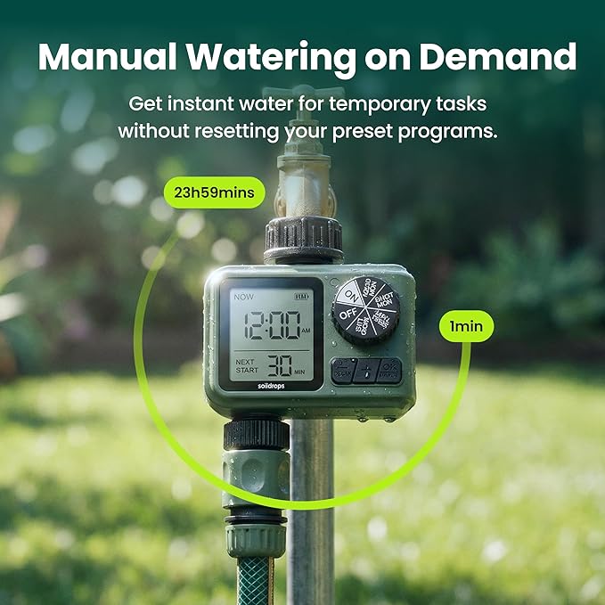 Sprinkler Timer for Garden Hose, Programmable 1 or 2 Outlet Controller with Self-Cleaning Valve, 15-Day Frequency, Large Dial, Rain Delay & Auto-Off, IPX5