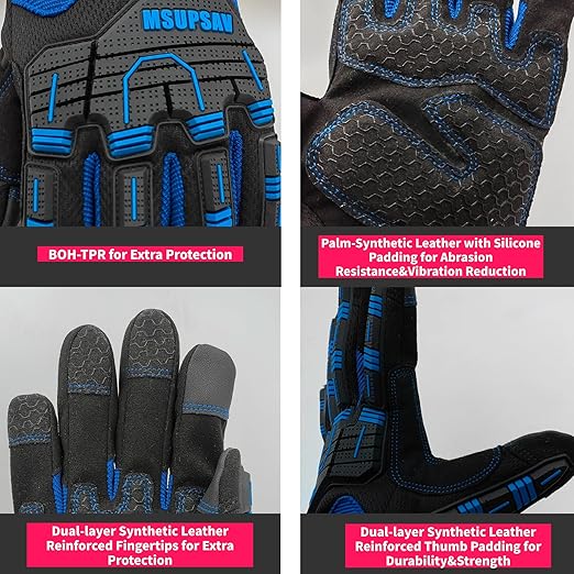 Anti-Vibration Work Gloves Men,Cut Resistant Safety Impact Glove,Heavy Duty,TPR Protection,Touchscreen,Extra Large,Blue+Black