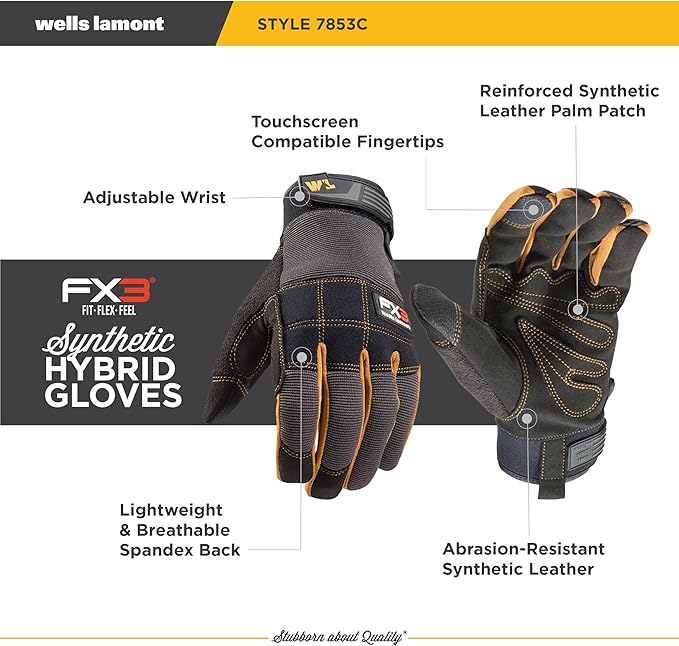 Wells Lamont FX3 Men's Work Gloves – Dexterity, Synthetic Leather Palm, Reinforced Fingertips – Stretch Spandex for Comfort – Touchscreen-Ready, All-Purpose Use, Ergonomic Fit – Black, Large (7853LC)