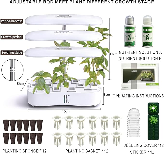 Hydroponics Growing System Kit, Soil-Free Indoor Herbs Garden, 12 Pods Plant Growth Equipment with 24W Full Spectrum LED Grow Light, Smart Silent Cycle Water Pump, 3.8L Tank for Gardening