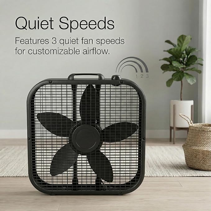 20-Inch Box Fan with Weather-Resistant Motor, 3-Speed Floor and Window Cooling Fan with Plastic Frame, Portable Carry Handle, 72-Inch Cord for Bedroom, Garage, Dorm, Black