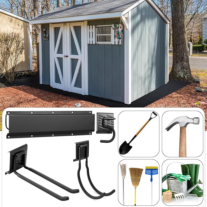 6 Pack Shed Tool Hooks Organizer Wall Mounted 32" Adjustable Storage Shed Accessories Double Straight Large Curved Mop Hook Metal for Large Small Tools Yard Gardening Rack Shovel Broom