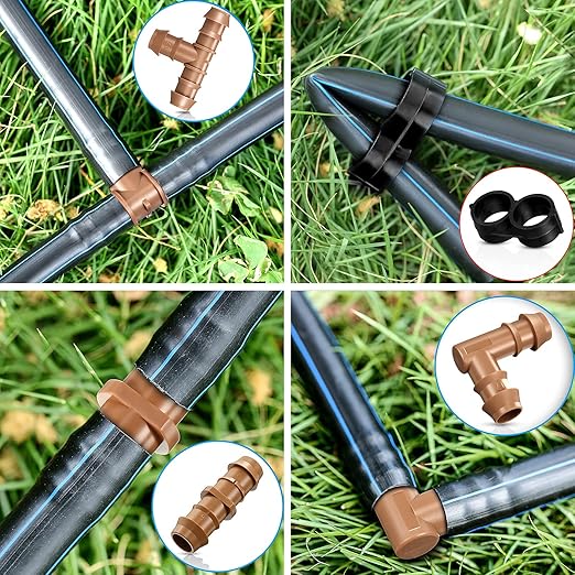 34 Pieces Drip Irrigation Fitting Kit 1/2 Inch Tubing Set, 2 Switch, 8 Tee, 8 Coupling, 8 Elbow and 8 End Cap Plastic Plug, Drip Irrigation Barbed Connector for Compatible Drip or Sprinkler System