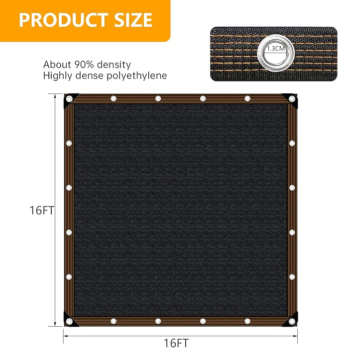 Shade-Cloth 85-90% for Garden Greenhouse Plants 16x16 FT, Black Sun-Block Shade Cover Mesh Tarp with Grommets Sun Shade Canopy for Outdoor Pergola Patio Flower Lawn Kennel Chicken Coop