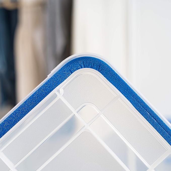 IRIS USA WeatherPro 27 Qt Storage Bins with Lids, 3 Pack, BPA-Free Plastic Gasket Box with Tight Latch and Seal, Stackable Nestable Tote Tub - Clear/Blue