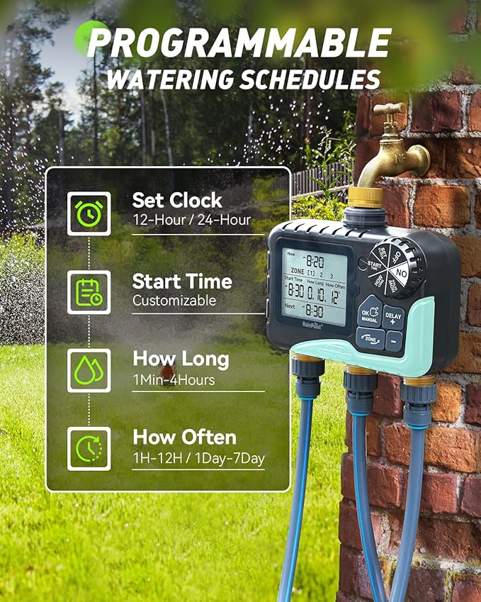 RAINPOINT 3 Zone Water Timer with Brass Inlet & Outlet, 3 Custom Watering Plans Sprinkler Timer, Featuring IP65 Waterproof,Rain Delay, Manual & Automatic Watering with Large LCD for Yard, 2026 Ver.