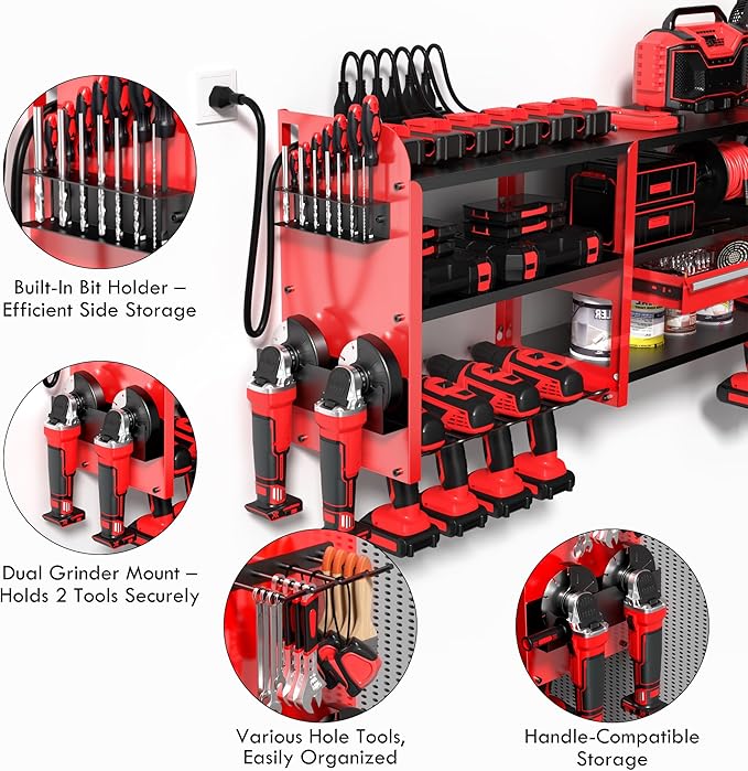 KSVO Large Power Tool Organizer Wall Mount with Locking Drawers, Grinder Holder, Hammer & Pliers Rack, & 6-Outlet Charging Shelf – Heavy Duty Metal Tool Storage for Garage & Workshop