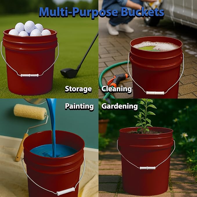 MKS Plastics 5-Gallon Bucket with Airtight Lid – Made in USA, Food Grade BPA Free Plastic, Heavy Duty Multi-Use, Metal Handle with Grip, Stackable Storage – Burgundy, 3 Pack