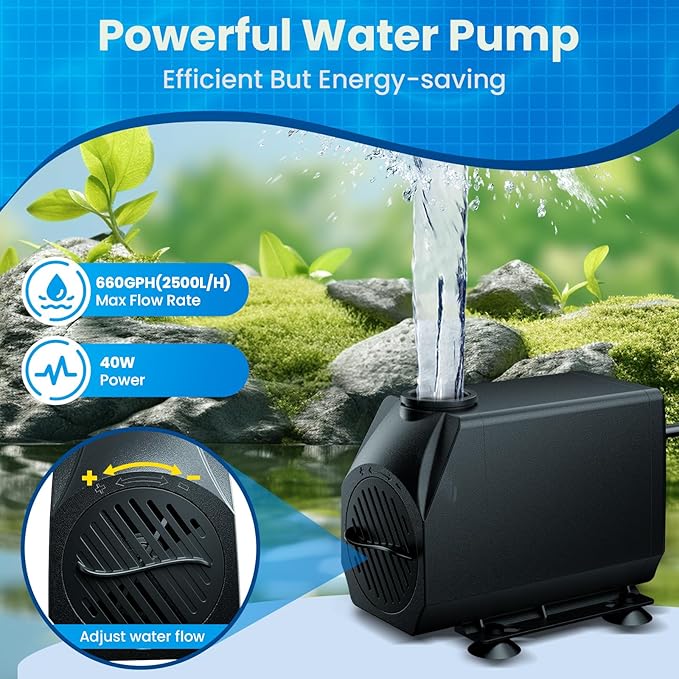 Biling 12 Inch Waterfall Spillway Kit, 304 Stainless Steel Waterfall Box, 40W 660GPH Submersible Pump, 9.8FT Corrugated Tubing, Adjustable Flow for Wide Sheet Waterfall, Stream & Rock Wall