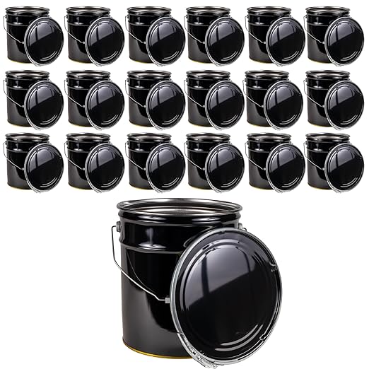 ATERET 5 Gallon Black Metal Bucket & Lever Lock Pail Lid, Heavy Duty Durable Pails and Lids for Outdoor and Household Use (18 Pack)