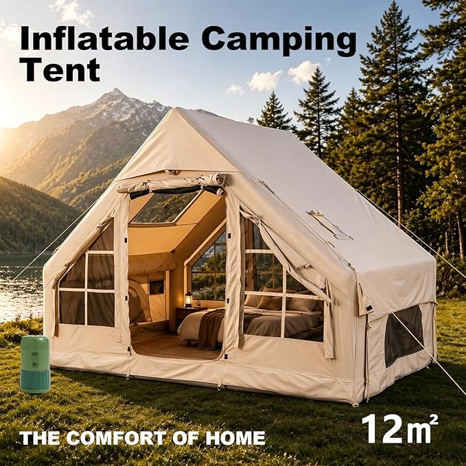 Luxury Inflatable Air Tent House, Wood Stove Ready Glamping Tent with Dual Pumps, Ventilated Oxford Cabin Tent with Mesh Windows, Instant Pitch Family Tent