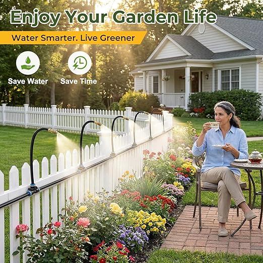 Drip Irrigation Kit for Garden 30FT, 360° Adjustable Watering System with 1/4" Tubing, Brass Misting Nozzles, DIY Micro Irrigation System for Potted Plants, Patio, Greenhouse