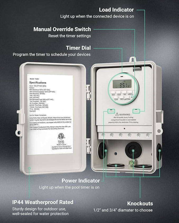 DEWENWILS Pool Pump Timer, Digital Timer Box, 2HP 40A 120-277 VAC, 7-Day 20 ON/Off Programmable Timer Switch for Water Heater, Pool Pump, SPA, Motor, ETL Listed