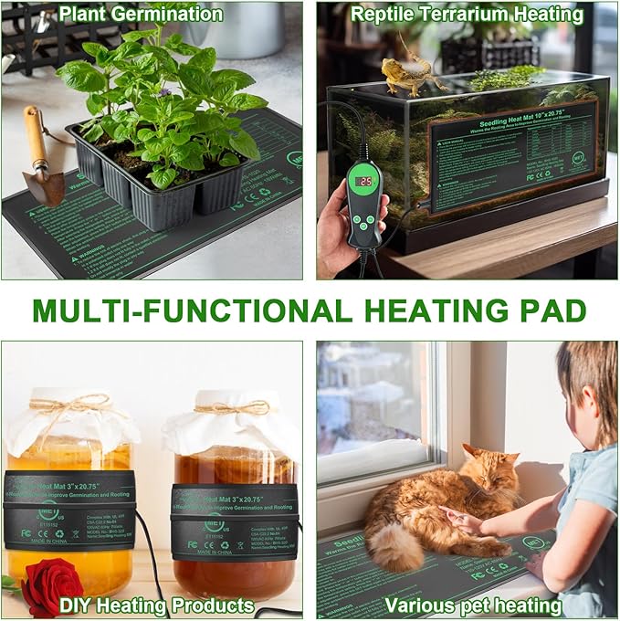 Seedling Heat Mat with Built-in Temperature Controller, 10" x 20.75" Waterproof Plant Heating Pad with Thermostat MET-Certified Warm Mat for Hydroponic,Germination, Indoor Gardening, Greenhouse