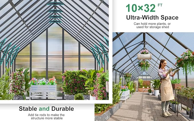 CDCASA 10x32 FT Greenhouse for Outdoors,Large Easy Assembly Thicker Aluminum Polycarbonate Greenhouses w/7 Windows, Double Doors, Walk-in Green House for Outside,Patio,Backyard,Garden