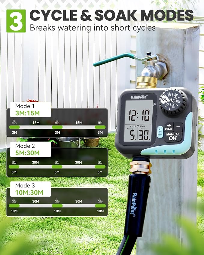 RAINPOINT Sprinkler Timer for Garden Hose - Hose Timer with Cycle & Soak/Rain Delay/Automatic Watering/Manual Watering, Programmable Irrigation System with Large Display for Lawn, Yard, Brass Inlet