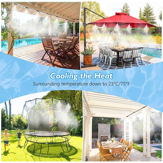 Misters for Outside Patio, 33FT Misting Cooling System Kit with Water Filter for Plants with 10 Brass Mist Nozzles and Brass Adapter(3/4"), Outdoor Mister for Porch Patio Garden Greenhouse Trampoline