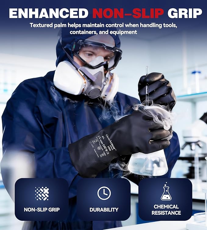 AnTools Heavy Duty Rubber Safety Work Gloves, Chemical Resistant Latex Gloves for Cleaning, Acid & Alkali Protection, Hazmat Use, Black, Large