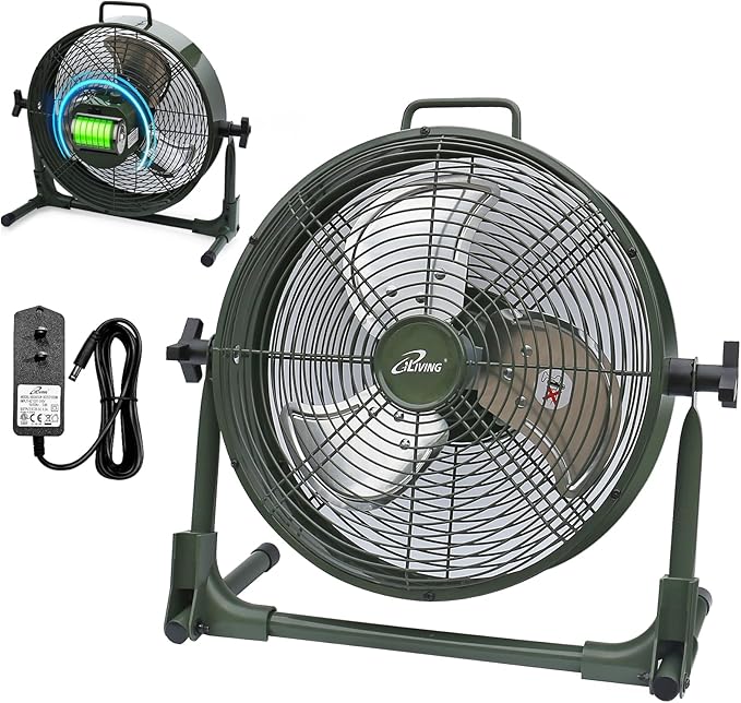 iLiving 12" Rechargeable Battery Operated Camping Floor Fan, High Velocity Portable Outdoor Fan with Metal Blade, With Built-in Lithium Battery for Whole Day Usage, 12 Inches, Military Green