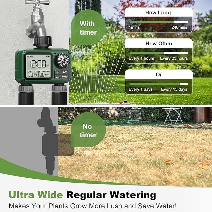 2 Zone Water Timer for Outdoor Garden Hose, Sprinkler Timer for Garden Faucet with Auto/Manual/Rain Delay Mode, Sprinkler Irrigation Controller for Yard Lawn