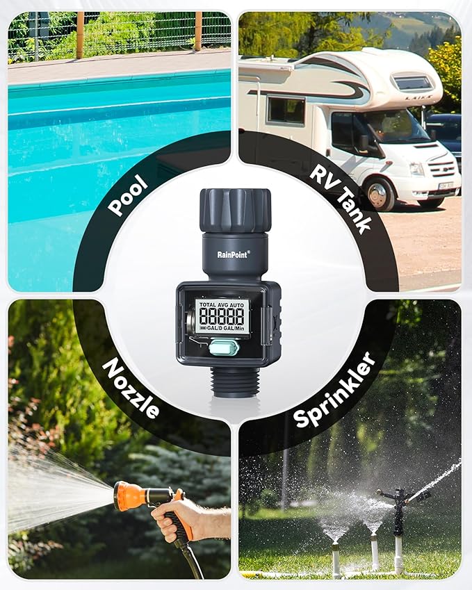 RAINPOINT Water Flow Meter, Measure Consumption and Flow Rate up to 9999.9 Gallon/Liter, ±5% Accuracy, Water Meter for RV, Garden Hose, Pool, Lawn Sprinkler & Nozzle Sprayer