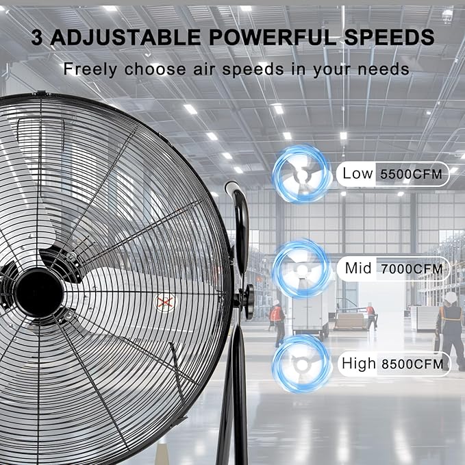 24 Inch High Velocity Industrial Fan 8500 CFM Heavy Duty Outdoor Fan 3-Speed 360 Degree Adjustable Tilt, Metal Floor Fans with Aluminum Blades for Workshop Patio Commercial Factory Garage, Black
