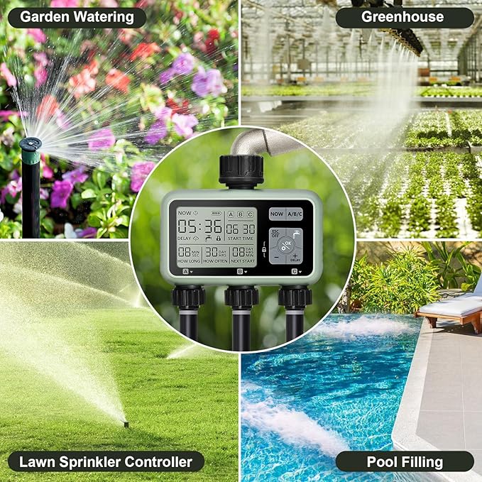 Watering Timer 3 Zone, Sprinkler Timer, Programmable Garden Outdoor Hose Faucet Timer with Rain Delay, Auto & Manual Watering System,Water Hose Irrigation Timers 3 Outlet for Garden