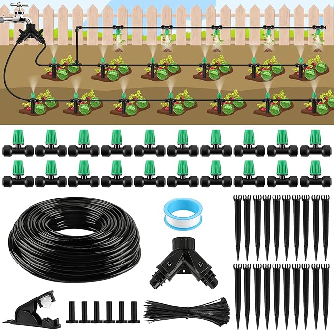 Kalolary 75FT Quick-Connect Drip Irrigation System Kit, Automatic Garden Watering System with 1/4" Tubing & Atomizing Nozzle Automatic Irrigation Equipment for Raised Garden Beds Greenhouse Lawn
