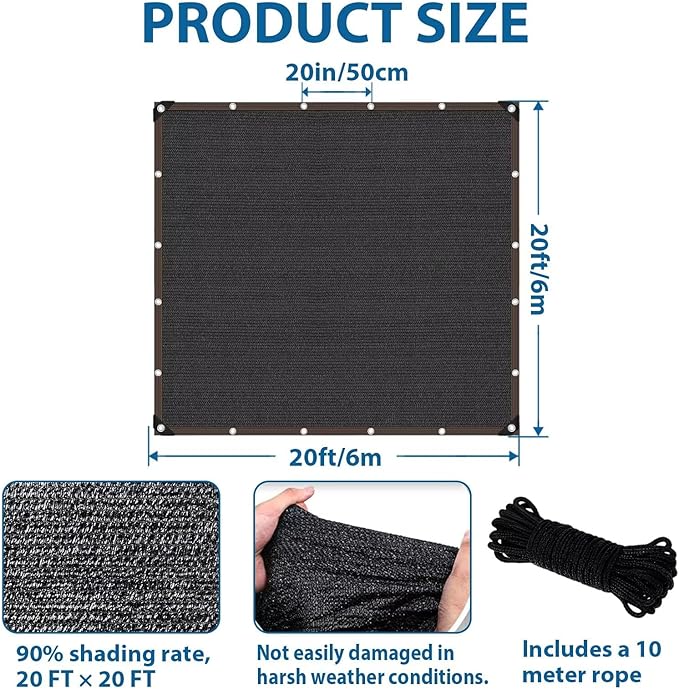 20 x 20 FT Shade Cloth -for Garden Plants, 90% Sunblock Shade Neting -for Outdoor Garden Bed Neting Mesh Pergola Patio Lawn Sun Cloth - for Dog Kennel Cover Chicken Coop
