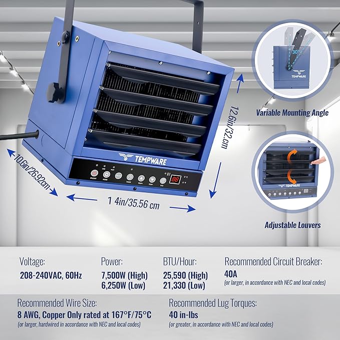 TEMPWARE 7500W Electric Garage Heater, 240V Hardwired Digital Ceiling Mount Fan-Forced Shop Heater with Full-Function Remote and 12-Hour Timer, Ideal for Workshop Warehouse