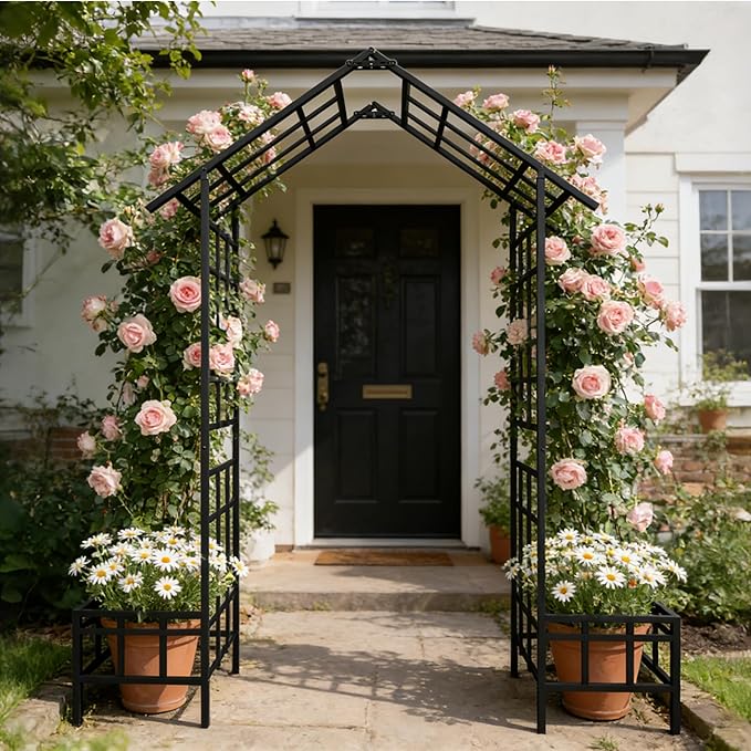 Adjustable Metal Garden Arch with Planters, Heavy Duty Galvanized Steel Arbor for Climbing Plants, Outdoor Pergola Trellis for Rose, Vine, Ivy, Wedding Arch Decoration