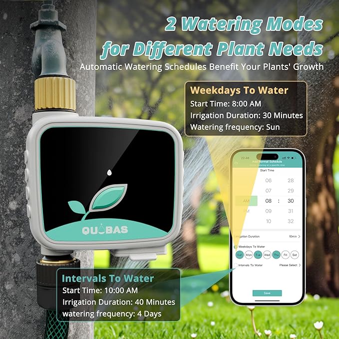 QUOBAS Smart WiFi Water Timer for Garden Hose, 1 Zone Brass Sprinkler Timer with App Control & Rain Delay/Auto/Manual 3 Modes for Drip Irrigation, Pool & Lawn, Battery Powered, 2.4GHz WiFi Only