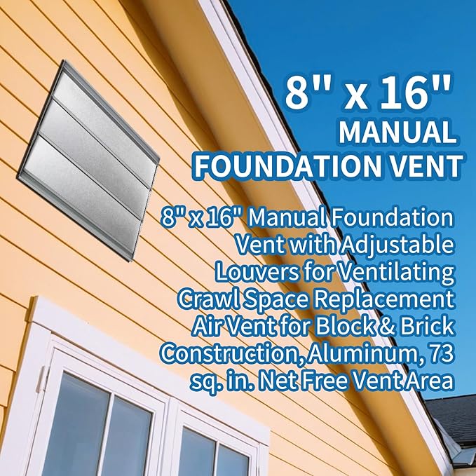 8" x 16" Manual Foundation Vent with Adjustable Louvers for Ventilating Crawl Space Replacement Air Vent for Block & Brick Construction, Aluminum, 73 sq. in. Net Free Vent Area, 4 Pack