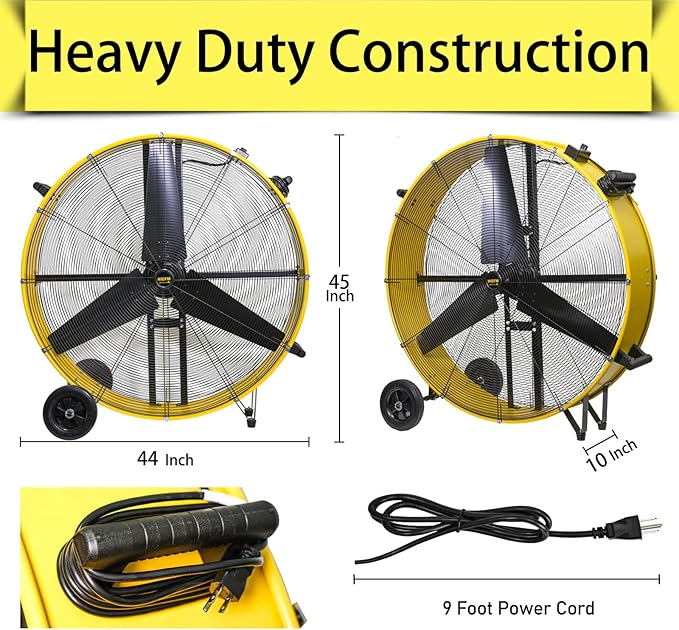 HiCFM 42" Industrial Drum Fan 27300 CFM High Velocity 2 Speed Settings Heavy Duty Metal Floor Fan for Commercial, Factory, Warehouse, Garage, Barn