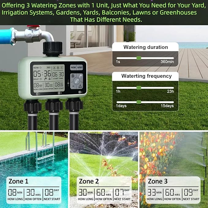 3 Outlet Sprinkler Timer Brass, Programmable Garden Hose Timer with Rain Delay, Manual& Automatic Watering System, Waterproof Digital Irrigation Controller Watering Evenly for 3 Separate Water Zones