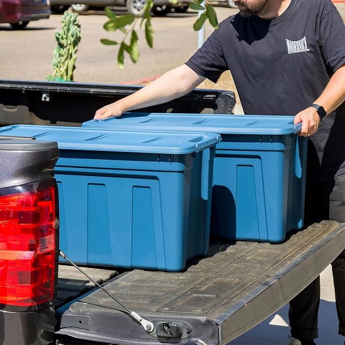 IRIS USA 31 Gallon Eco-Friendly Heavy Duty Storage Totes with Easy-Grip Handles, 8 Pack - Large Bins with Lids Garage Organizing Tubs, Durable Stackable Utility Containers, Made in USA - Navy