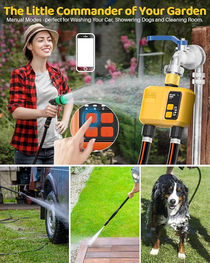 WiFi Water Timer 2 Zone for Garden Hose, Smart Sprinkler Timer with 984ft RF Range, Brass Inlet, APP/Voice Control, Rain Delay, Automatic/Manual Irrigation