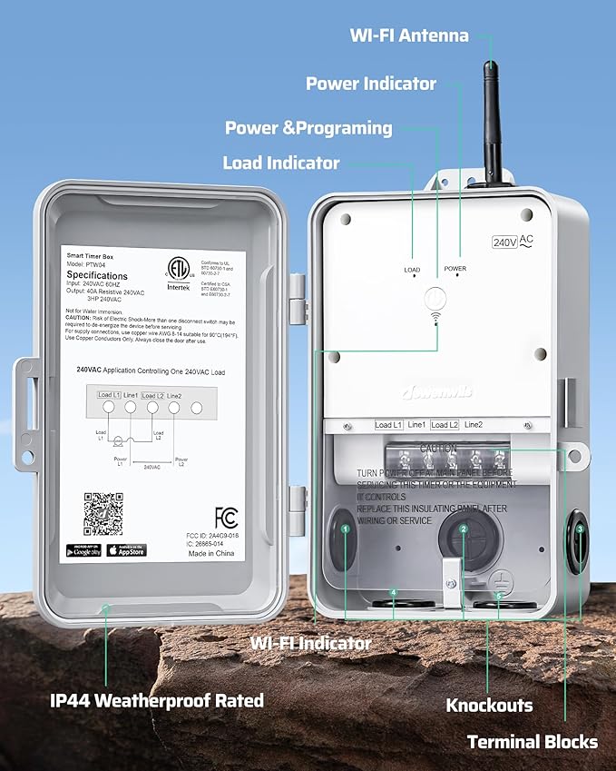 DEWENWILS Pool Pump Timer, Heavy Duty Outdoor WiFi Timer Box, 40A 240VAC 3HP, Work with Smart Life, Alexa, Google Assistant, Easy Wiring for Pool, Water Heater, ETL Listed