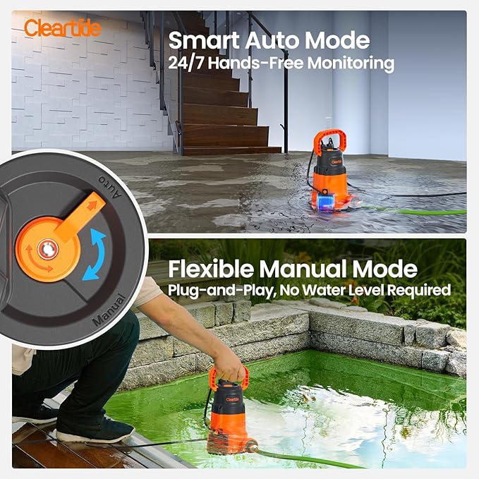 Cleartide 1/3 HP Submersible Utility Pump, 2790 GPH High Flow, Thermoplastic Portable Sump Pump with Auto Water Sensor, Ideal for Flooded Basement & Yard, Hot Tub, Pond & Garden Draining, 10 FT Cord