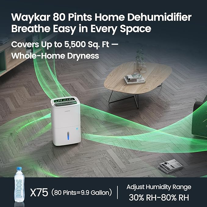 Waykar 5,500 Sq. Ft. 80 Pints 2025 Energy Star Dehumidifier for Home and Basement with Auto or Manual Drainage, Ideal for Large Rooms, Portable, Auto Defrost and Self-Drying