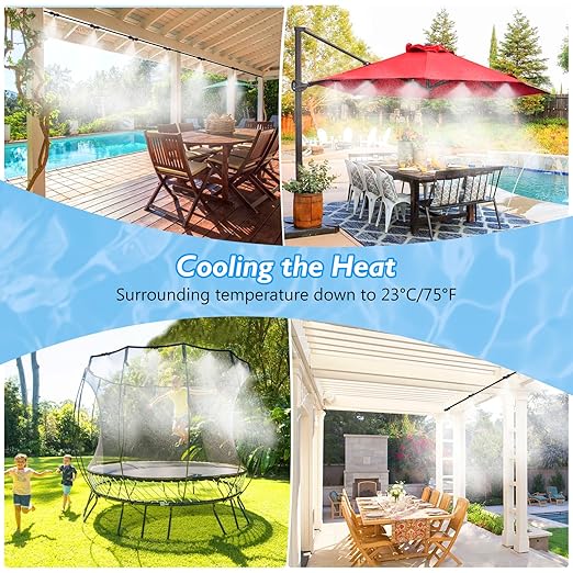 Misting Cooling System Kit, 50FT Misting Line + 10 Brass Mist Nozzles + Brass Adapter(3/4") Outdoor Mister for Porch Patio Garden Greenhouse Trampoline Waterpark