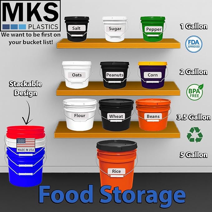 MKS Plastics 5-Gallon Bucket with Airtight Lid – Made in USA, Food Grade BPA Free Plastic, Heavy Duty Multi-Use, Metal Handle with Grip, Stackable Storage – Orange, 6 Pack