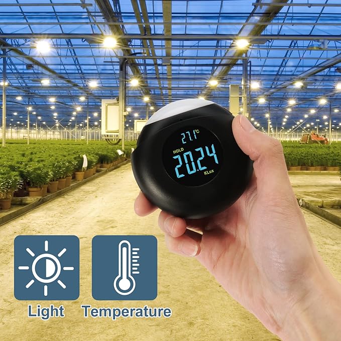 Light Meter Digital Illuminance Meter Handheld Ambient Measurer with 360° Detector, Measurer with Range up to 200,000 lux with LCD Display, Light Meter for Factories, Warehouses, Offices