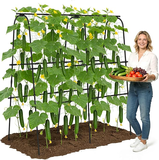 Cucumber Trellis for Raised Bed, 62"x62"U-Shape Garden Trellis for Climbing Plants Outdoor, Metal Arch Plant Support with Netting for Cucumbers, Beans, Tomatoes & Climbing Vegetables