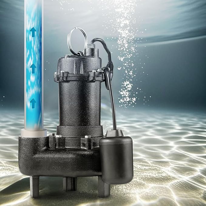 VEVOR Submersible Sewage Pump, 1 HP, 5200 GPH Cast Iron Sewage/Effluent Pump with Automatic Tethered Float Switch, 2-Inch NPT Discharge, 120V, 25 ft Max Lift, for Basement, Septic Tank, Residential