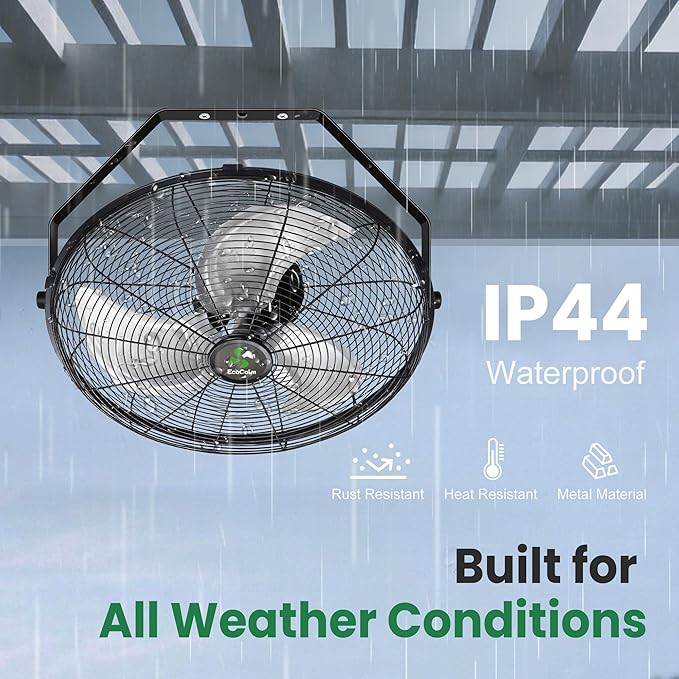 Solar Fan Wall Mount Waterproof, Metal Solar Powered Fan with Battery & Adjustable Thermostat, 18" Heavy Duty Outdoor Fans for Patios 3 Speeds, 180° Tilt